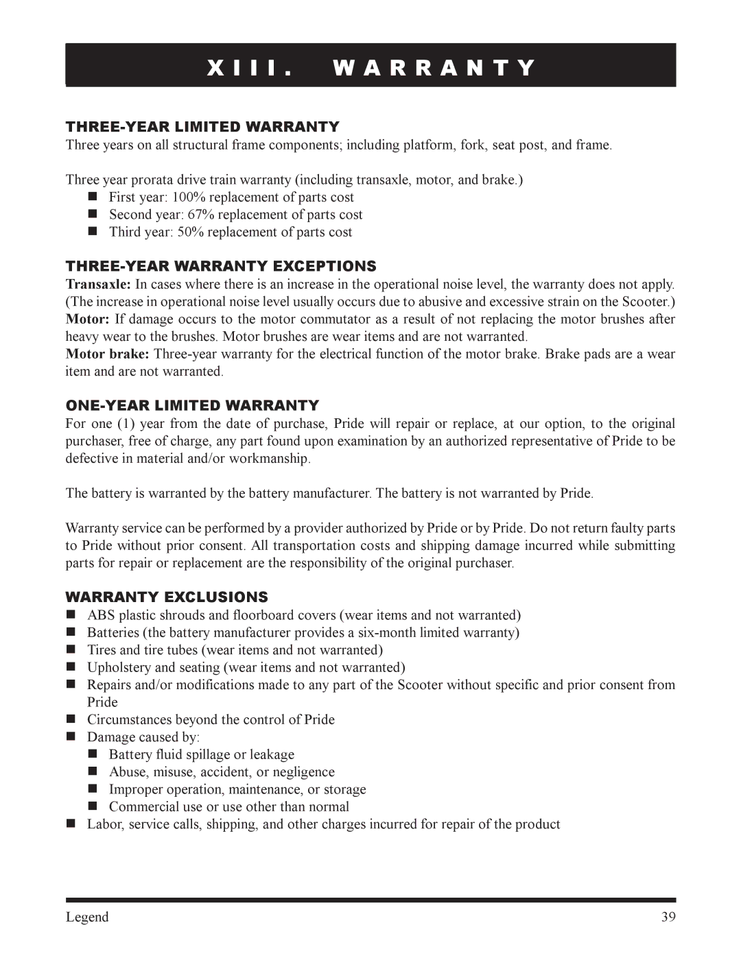 Pride Mobility SC300, SC340 owner manual I I . W a R R a N T Y, THREE-YEAR Limited Warranty, THREE-YEAR Warranty Exceptions 