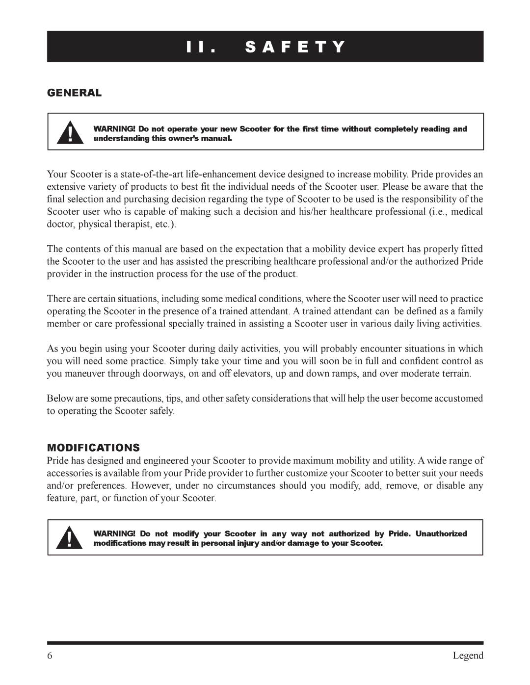 Pride Mobility SC340, SC300 owner manual S a F E T Y, General, Modifications 