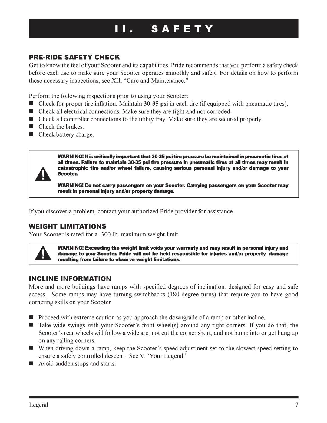 Pride Mobility SC300, SC340 owner manual PRE-RIDE Safety Check, Weight Limitations, Incline Information 