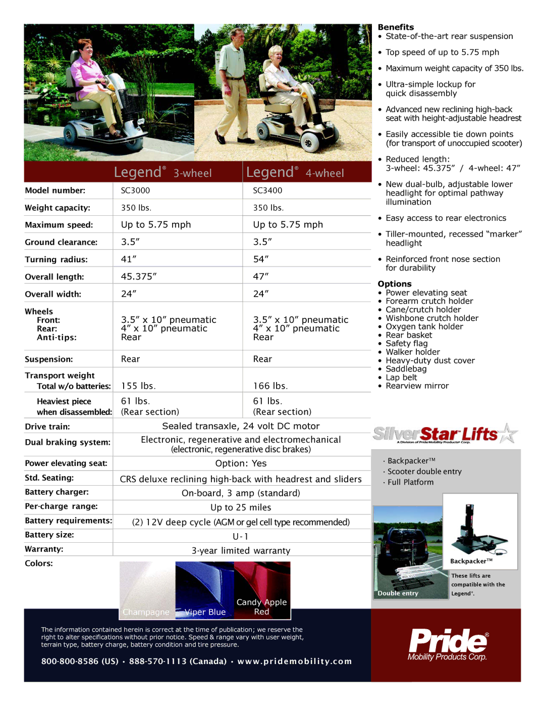 Pride Mobility SC3000, SC3400 warranty Up to 5.75 mph, 45.375, X 10 pneumatic, Rear, Option Yes 