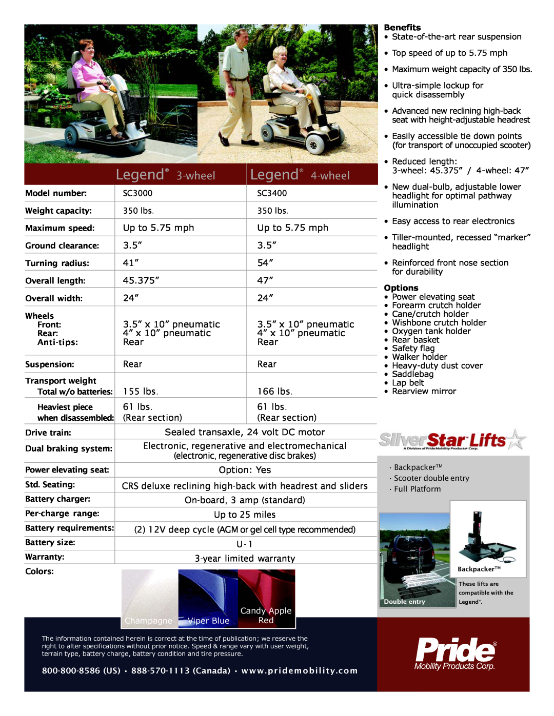 Pride Mobility SC3000 warranty Legend 3-wheel, Legend 4-wheel, Sealed transaxle, 24 volt DC motor, Benefits, Options 