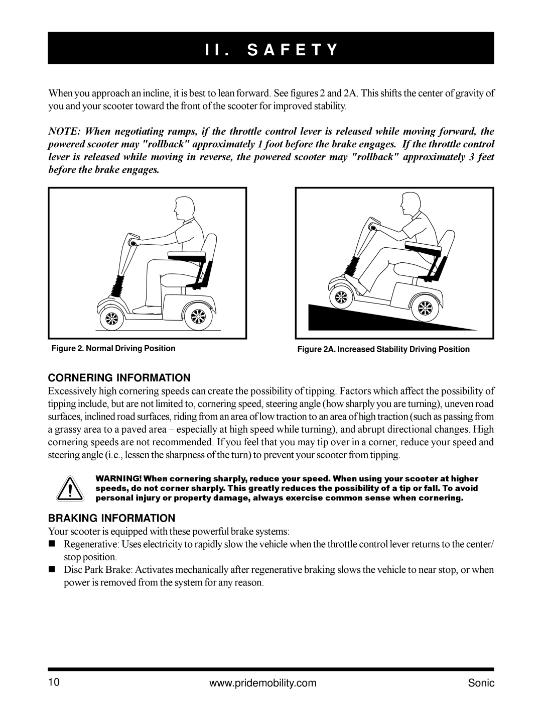 Pride Mobility SC3450 owner manual Cornering Information, Braking Information 