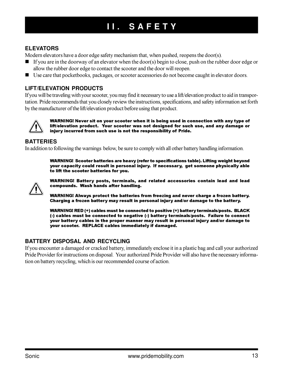 Pride Mobility SC3450 owner manual Elevators, LIFT/ELEVATION Products, Batteries, Battery Disposal and Recycling 