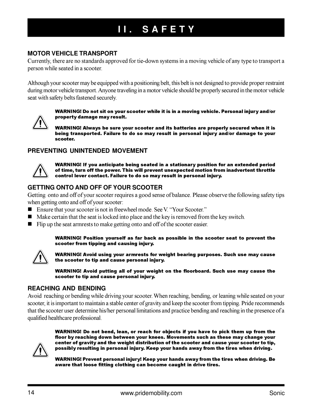 Pride Mobility SC3450 owner manual Motor Vehicle Transport, Reaching and Bending 