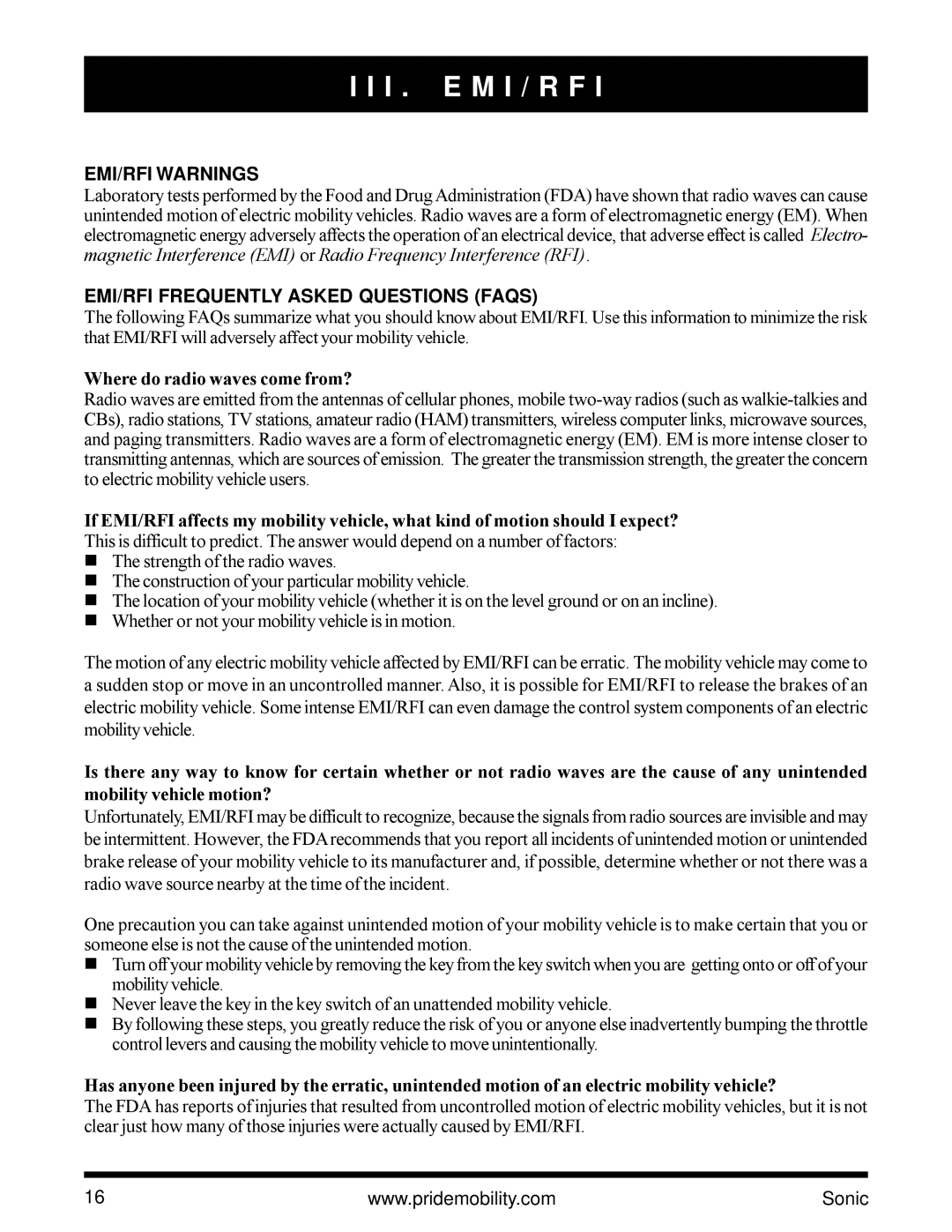 Pride Mobility SC3450 owner manual I . E M I / R F, EMI/RFI Warnings, EMI/RFI Frequently Asked Questions Faqs 