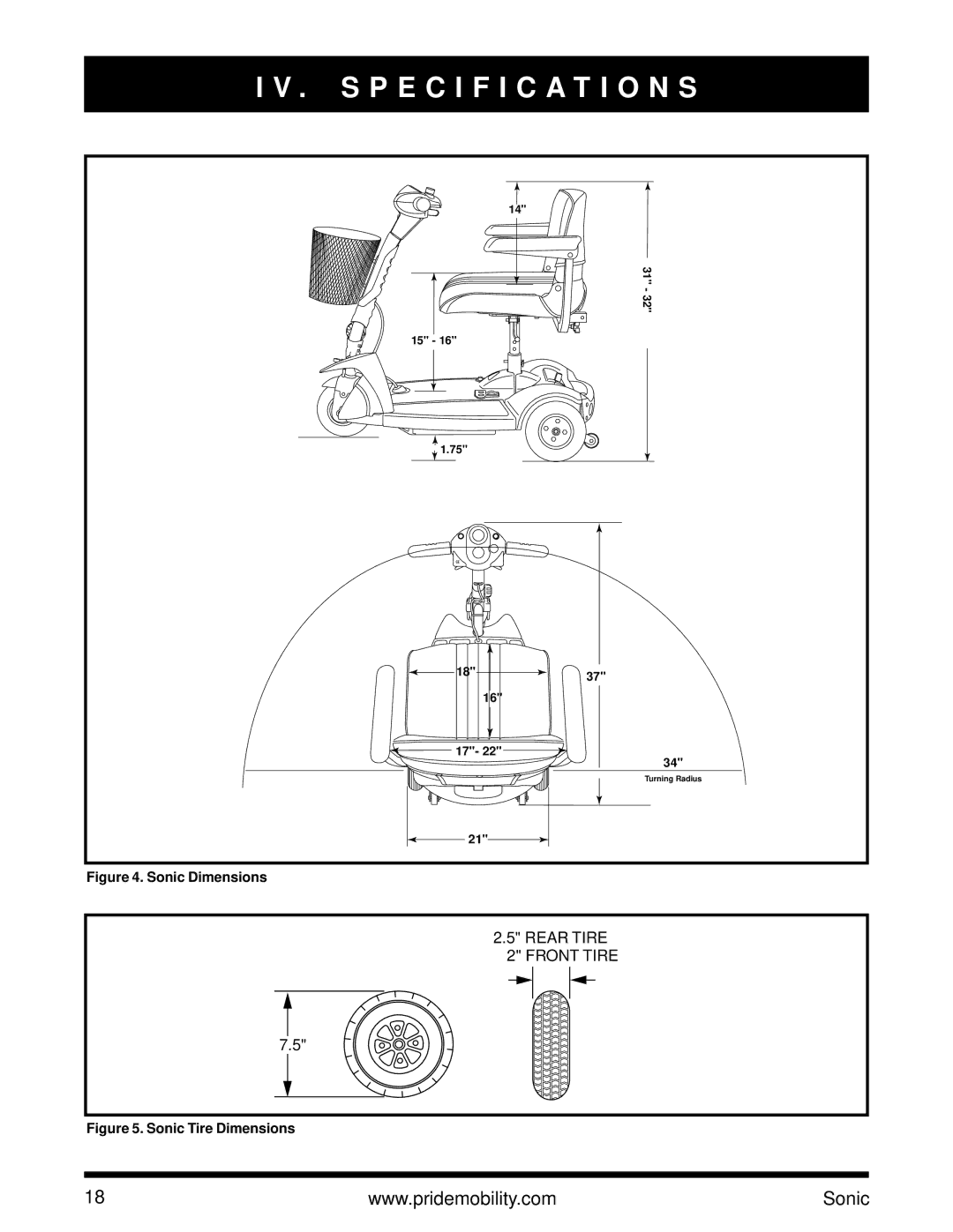 Pride Mobility SC3450 owner manual Specification S, Sonic Dimensions 