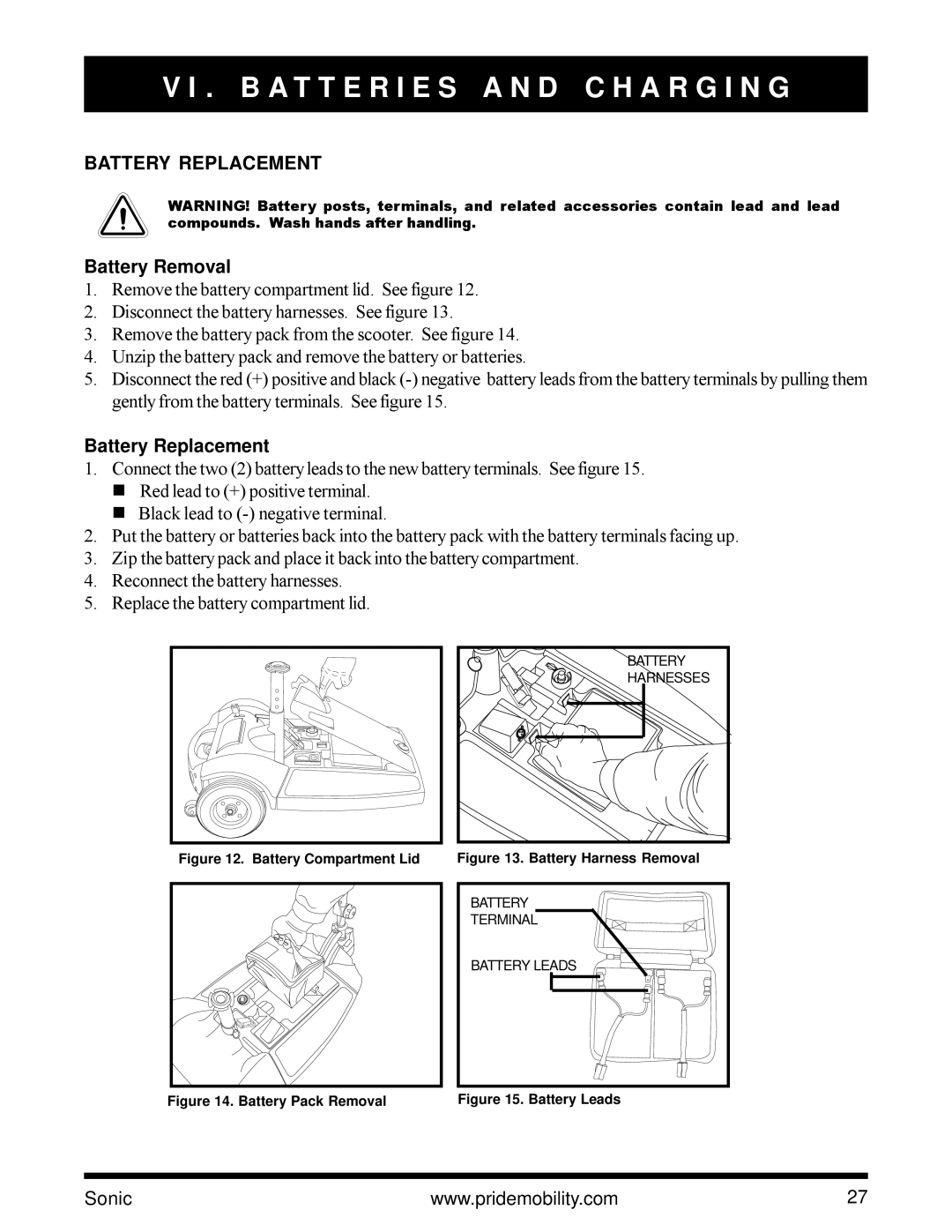 Pride Mobility SC3450 owner manual Battery Replacement, Battery Removal 