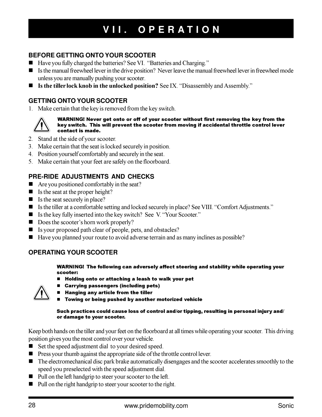 Pride Mobility SC3450 owner manual I . O P E R a T I O N, Before Getting Onto Your Scooter, PRE-RIDE Adjustments and Checks 