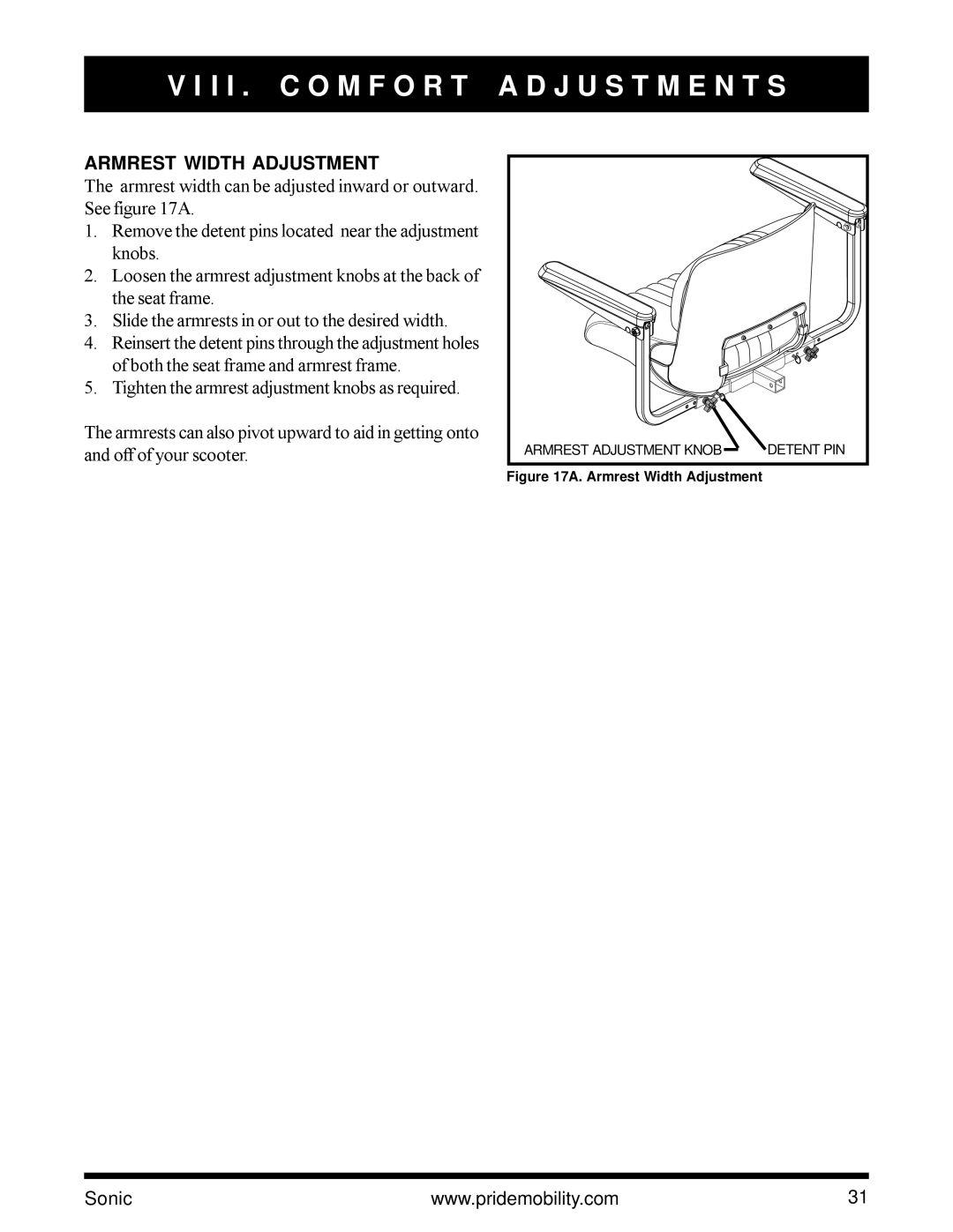 Pride Mobility SC3450 owner manual Armrest Width Adjustment, Both the seat frame and armrest frame 