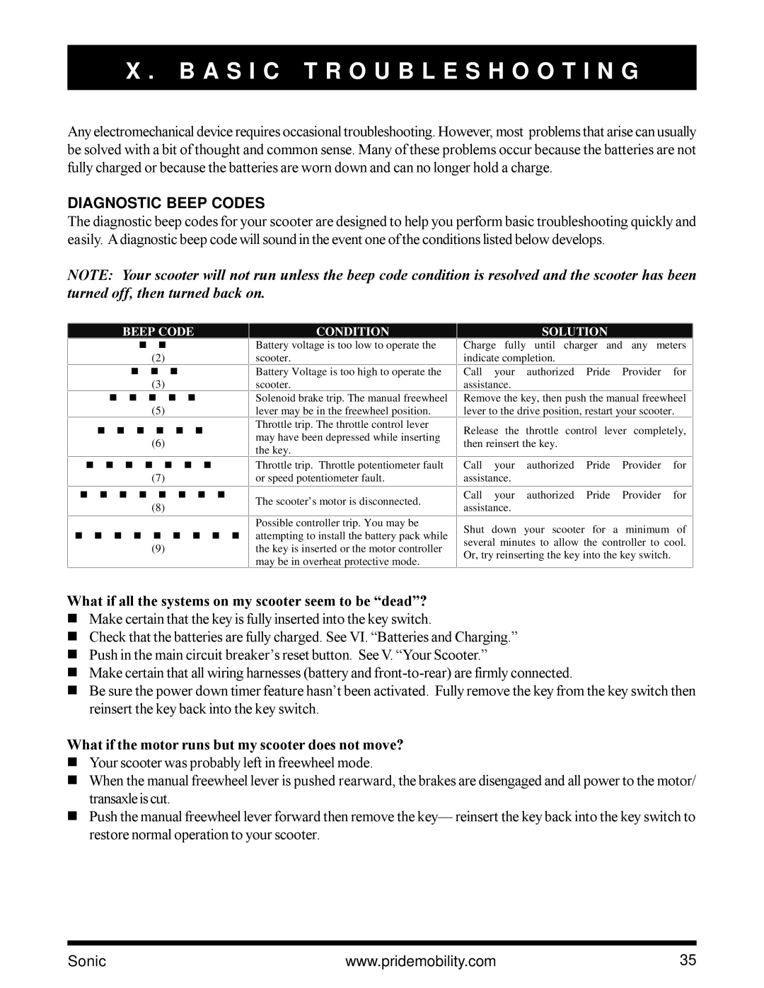 Pride Mobility SC3450 A S I C Troubleshooting, Diagnostic Beep Codes, What if the motor runs but my scooter does not move? 