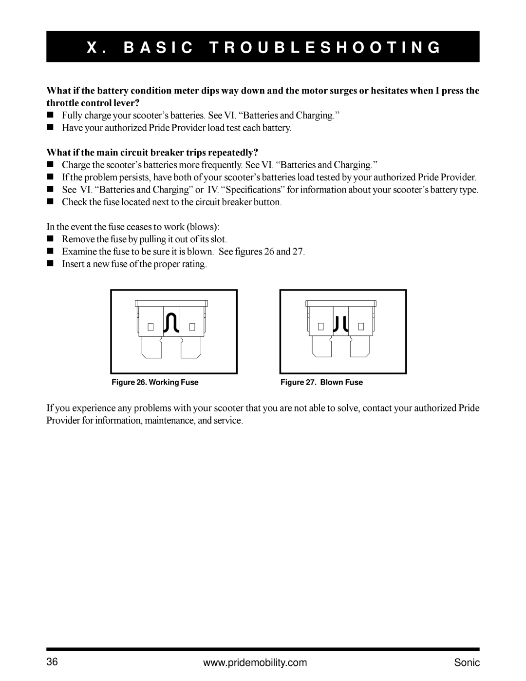 Pride Mobility SC3450 owner manual What if the main circuit breaker trips repeatedly?, Working Fuse 