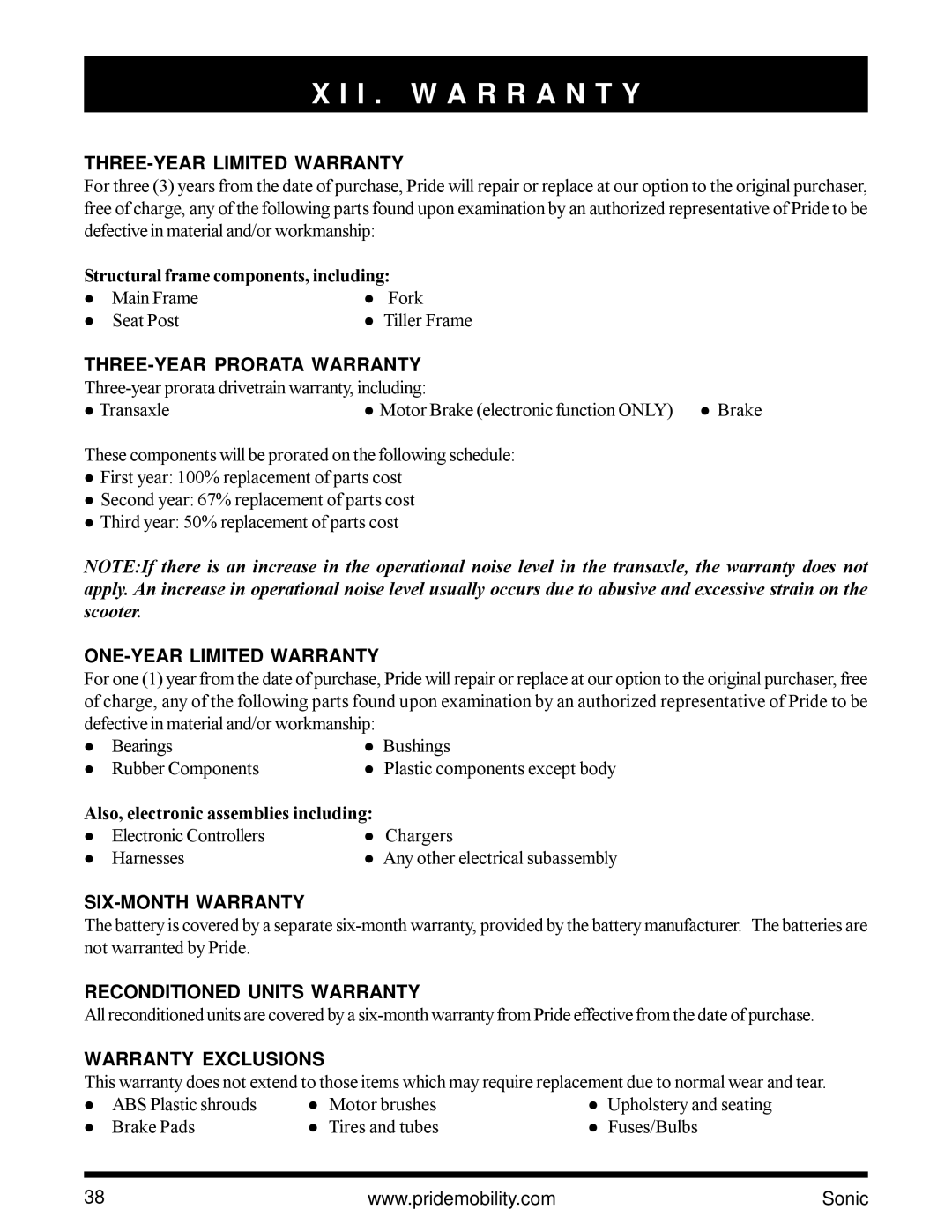 Pride Mobility SC3450 owner manual I . W a R R a N T Y 