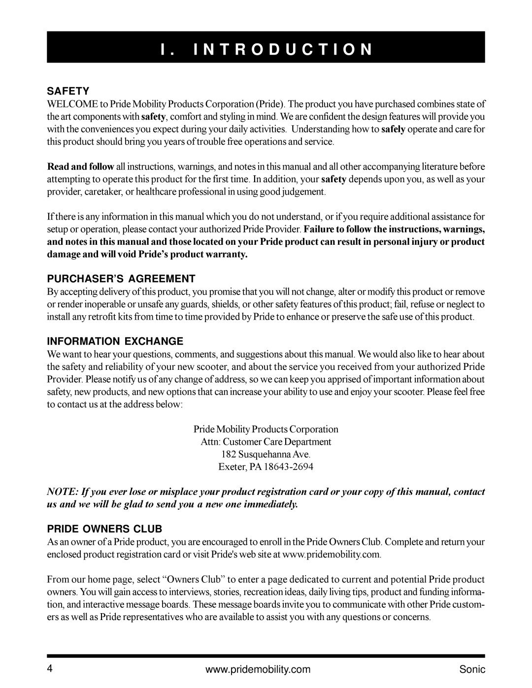 Pride Mobility SC3450 N T R O D U C T I O N, Safety, PURCHASER’S Agreement, Information Exchange, Pride Owners Club 