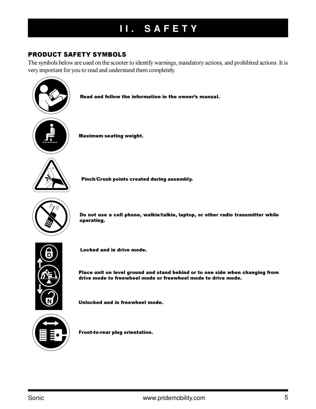 Pride Mobility SC3450 owner manual S a F E T Y, Product Safety Symbols 