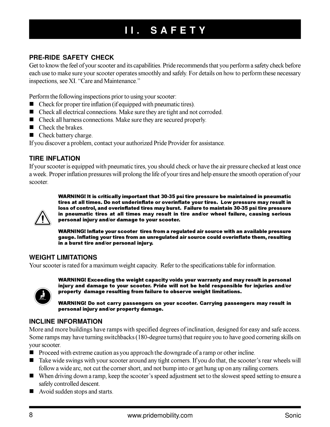 Pride Mobility SC3450 owner manual PRE-RIDE Safety Check, Tire Inflation, Weight Limitations, Incline Information 