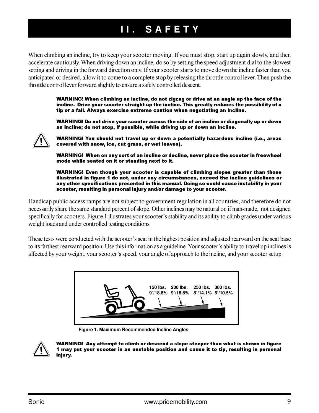 Pride Mobility SC3450 owner manual Maximum Recommended Incline Angles 