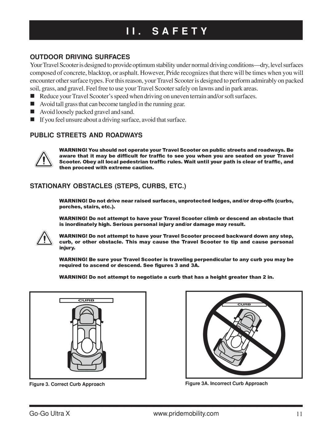 Pride Mobility SC40X owner manual Outdoor Driving Surfaces, Correct Curb Approach 