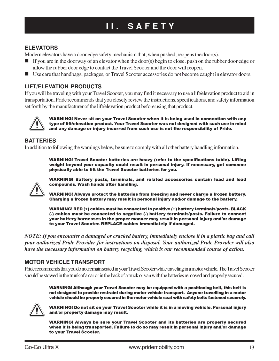 Pride Mobility SC40X owner manual Elevators, LIFT/ELEVATION Products, Batteries, Motor Vehicle Transport 