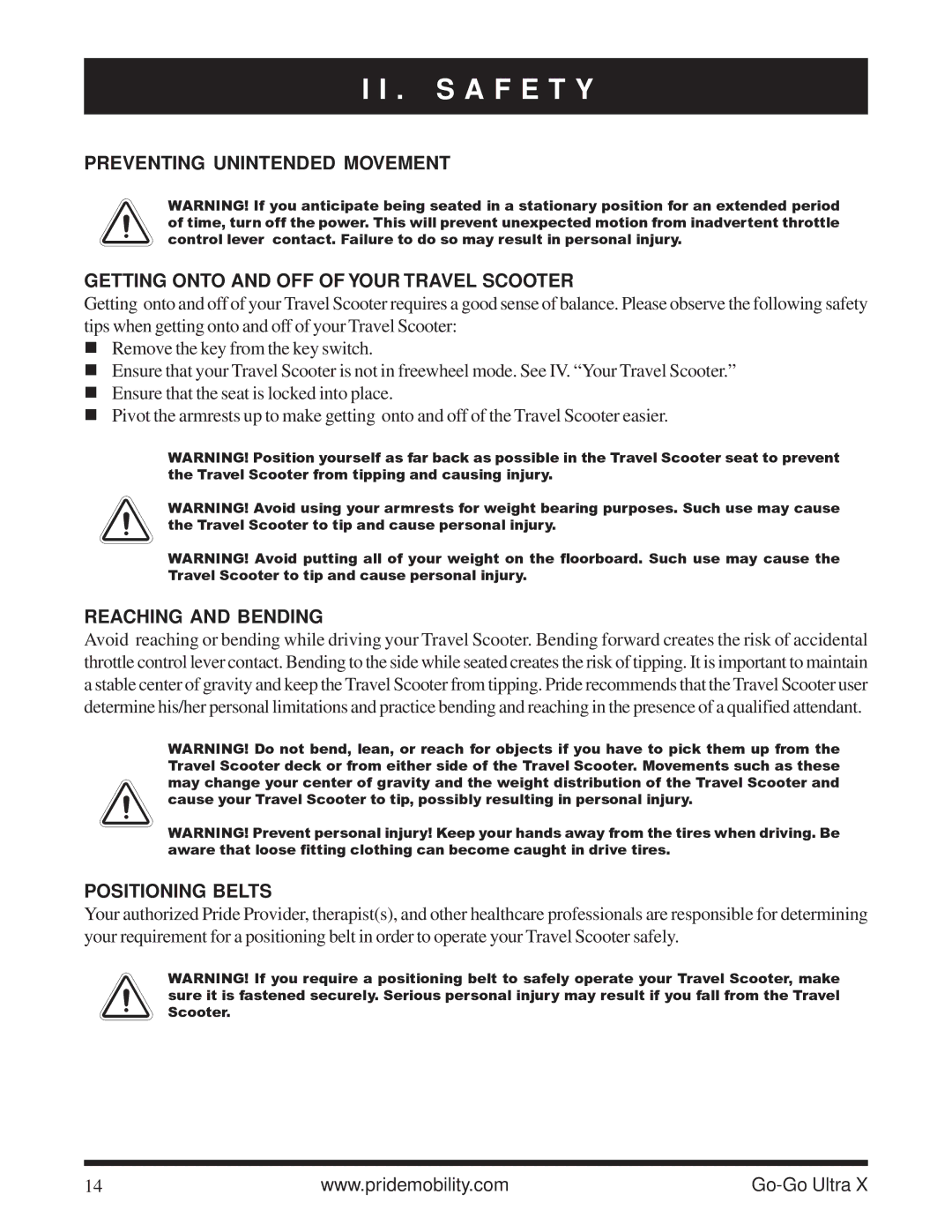 Pride Mobility SC40X owner manual Reaching and Bending, Positioning Belts 