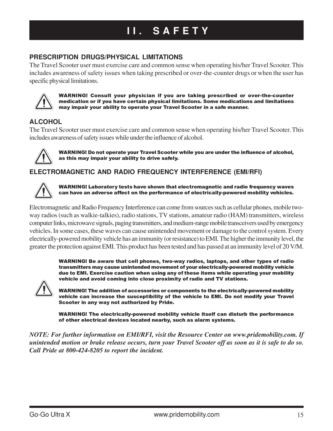 Pride Mobility SC40X owner manual Prescription DRUGS/PHYSICAL Limitations, Alcohol 