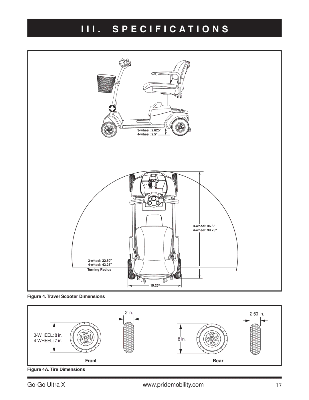 Pride Mobility SC40X owner manual Travel Scooter Dimensions 