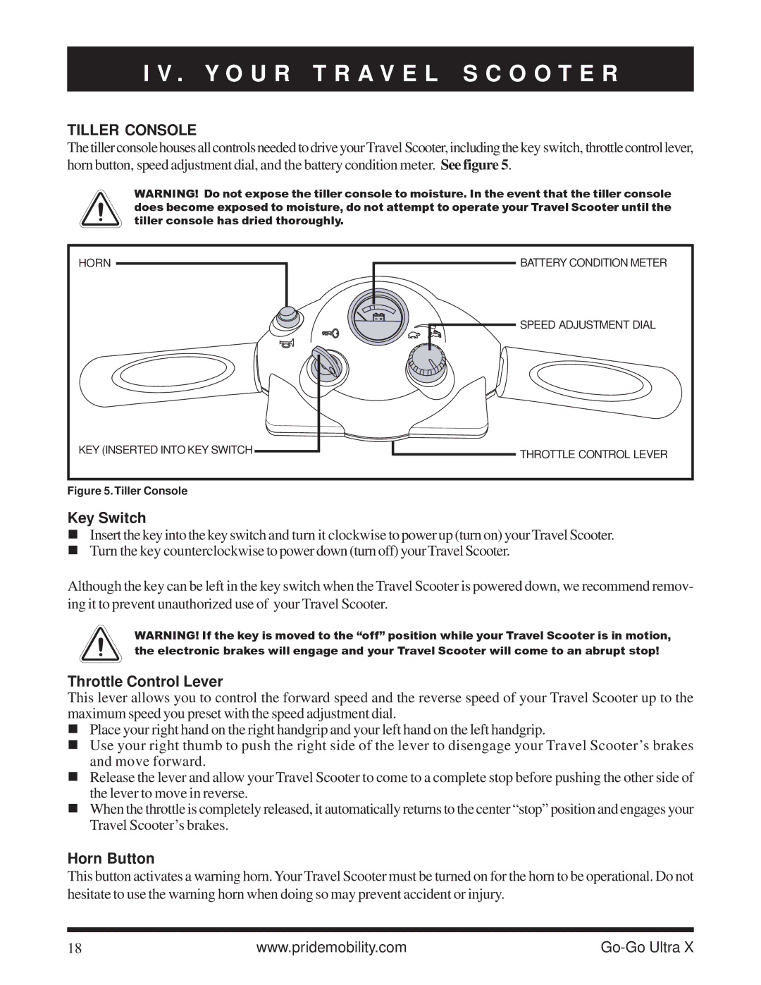 Pride Mobility SC40X owner manual Y O U R T R a V E L S C O O T E R, Tiller Console 