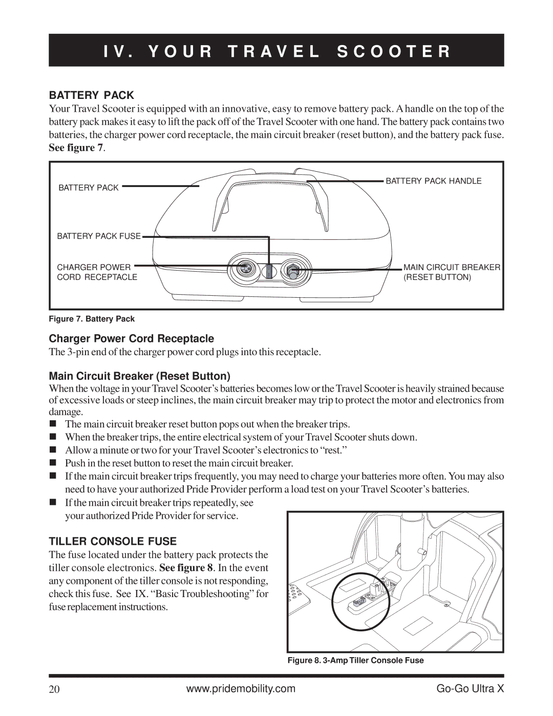 Pride Mobility SC40X owner manual Battery Pack, Tiller Console Fuse 