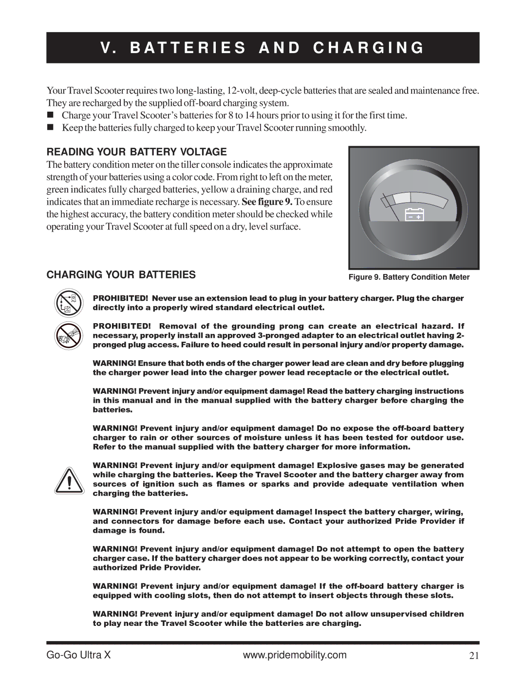 Pride Mobility SC40X A T T E R I E S a N D C H a R G I N G, Reading Your Battery Voltage, Charging Your Batteries 