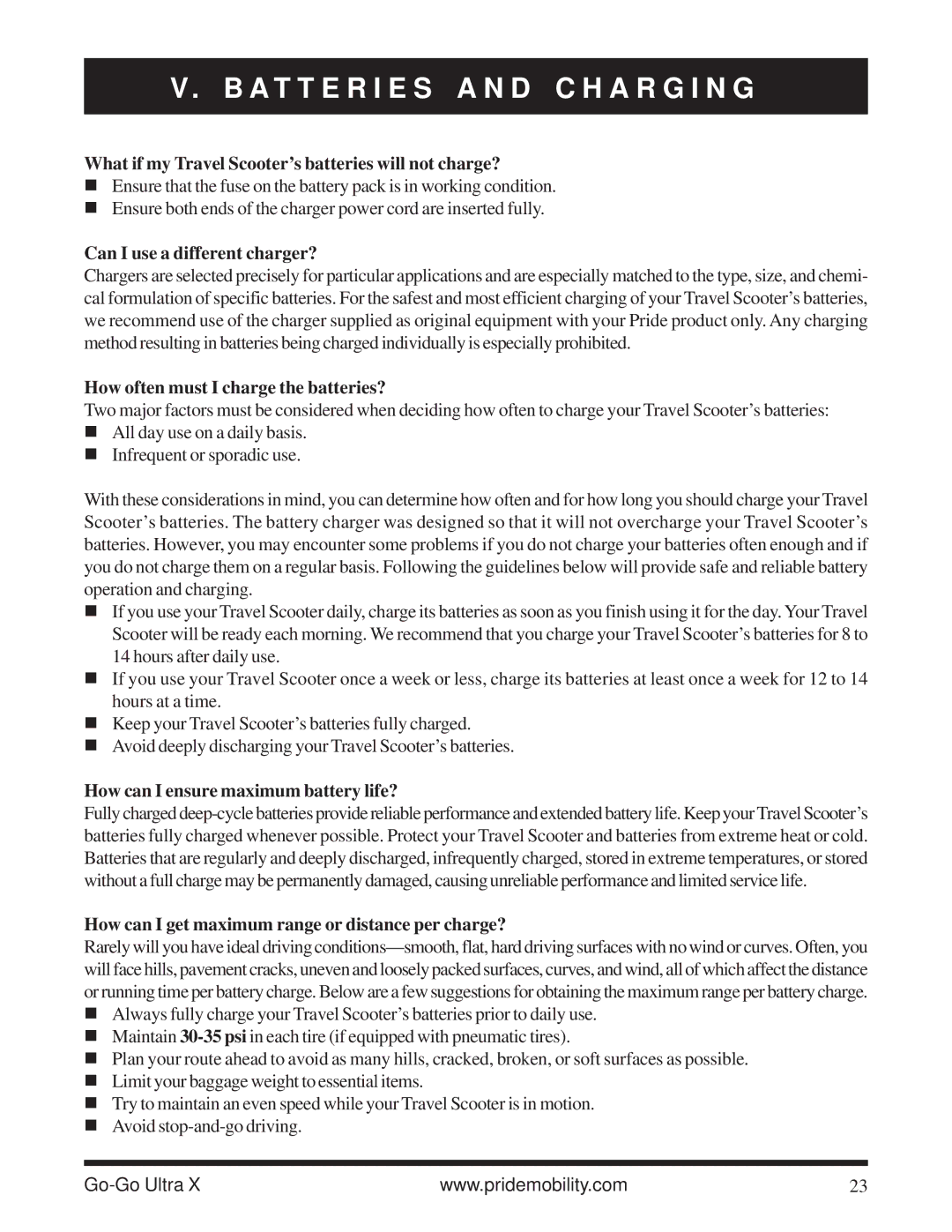 Pride Mobility SC40X owner manual What if my Travel Scooter’s batteries will not charge?, Can I use a different charger? 