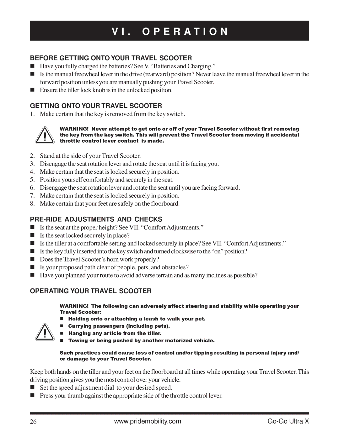 Pride Mobility SC40X O P E R a T I O N, Before Getting Onto Your Travel Scooter, PRE-RIDE Adjustments and Checks 