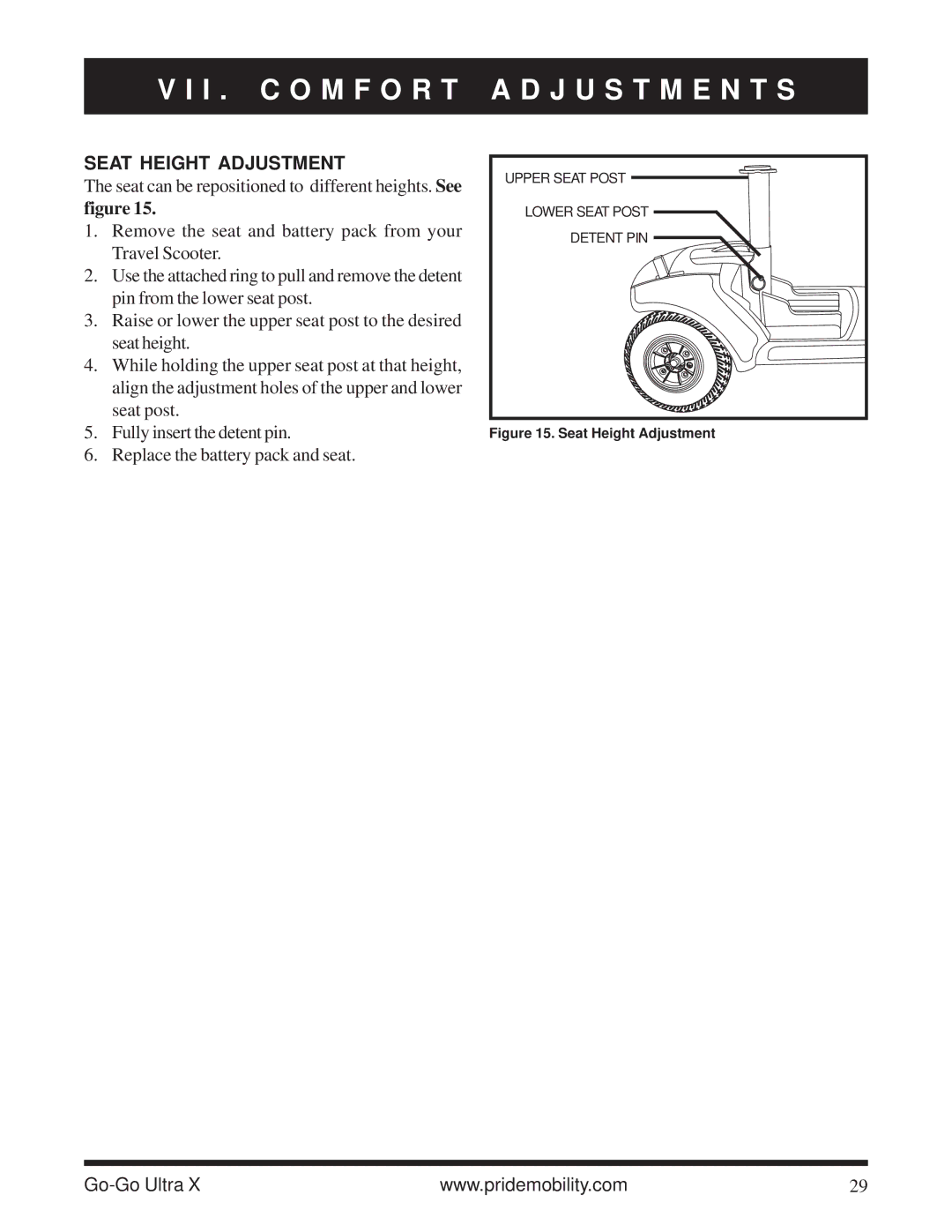 Pride Mobility SC40X owner manual Seat Height Adjustment 