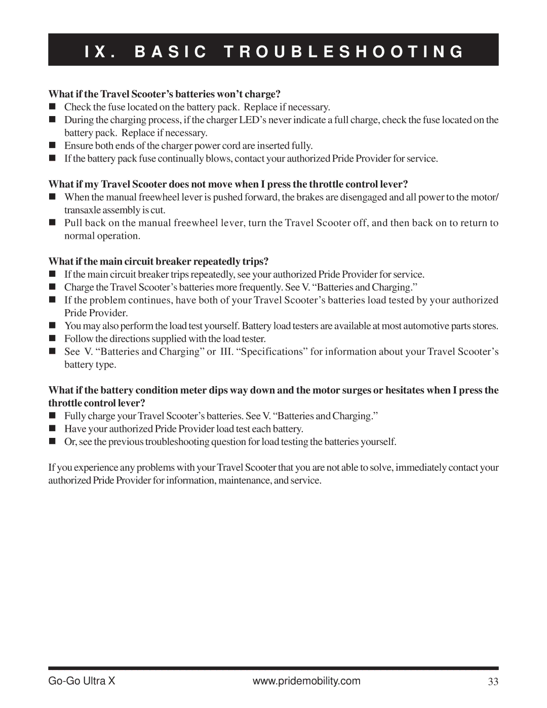 Pride Mobility SC40X owner manual What if the Travel Scooter’s batteries won’t charge? 