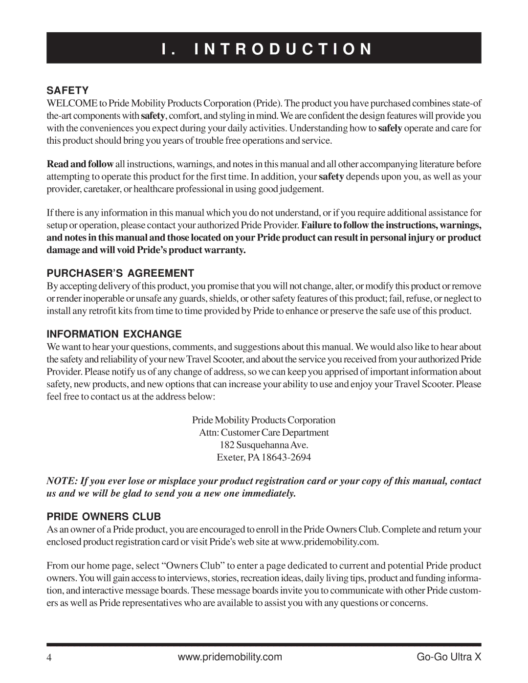 Pride Mobility SC40X N T R O D U C T I O N, Safety, PURCHASER’S Agreement, Information Exchange, Pride Owners Club 