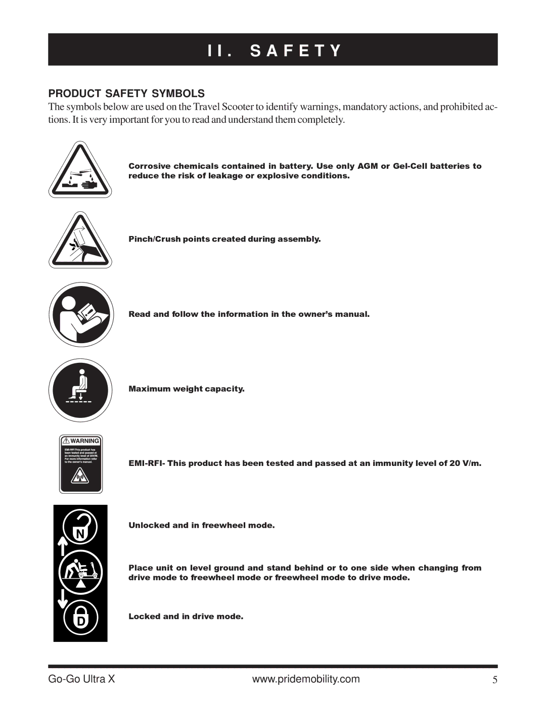 Pride Mobility SC40X owner manual S a F E T Y, Product Safety Symbols 