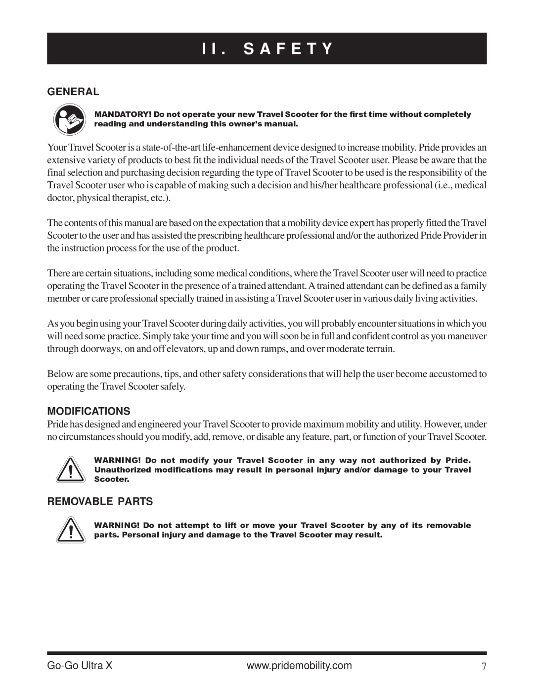 Pride Mobility SC40X owner manual General, Modifications, Removable Parts 