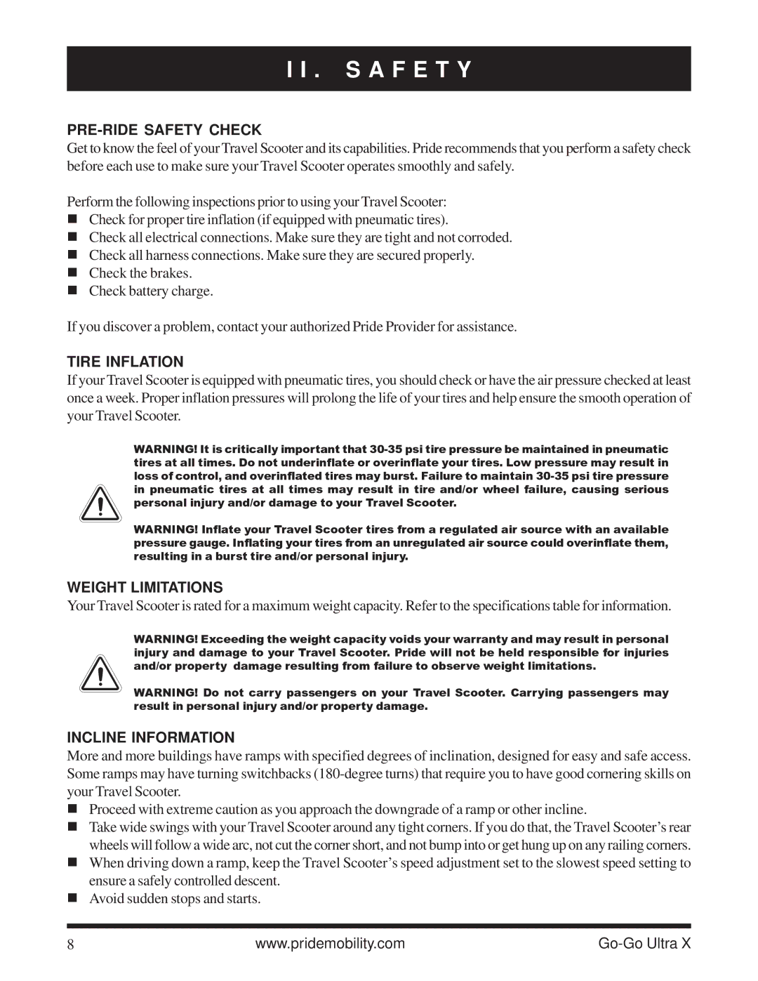 Pride Mobility SC40X owner manual PRE-RIDE Safety Check, Tire Inflation, Weight Limitations, Incline Information 