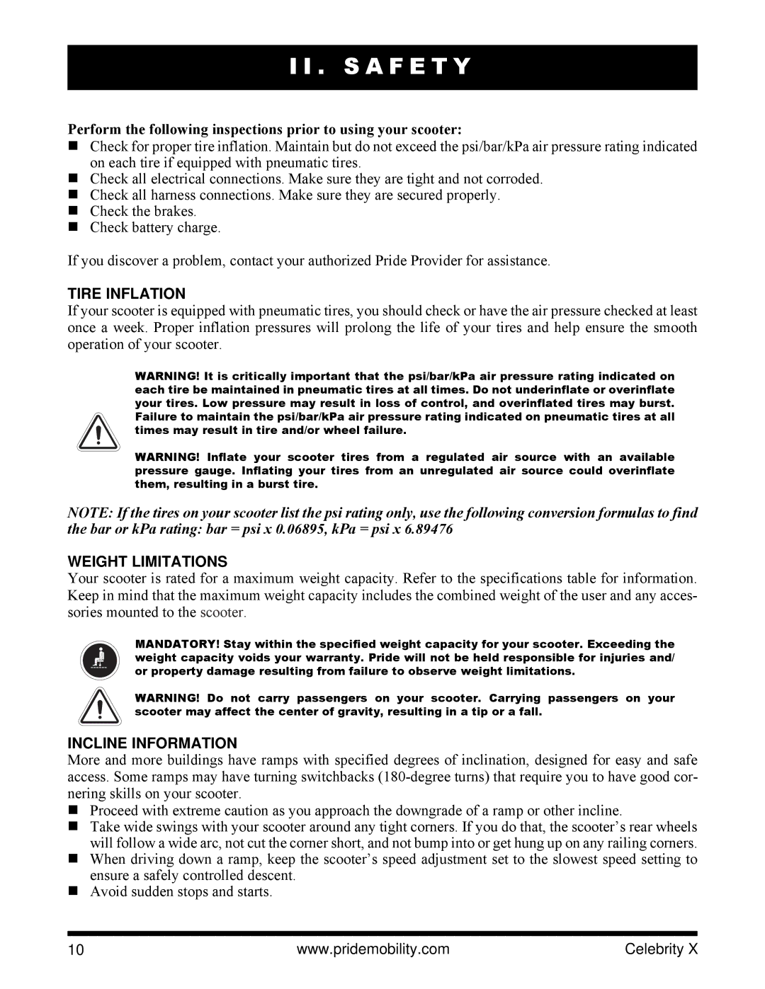 Pride Mobility SC4401, SC4001 manual Tire Inflation, Weight Limitations, Incline Information 