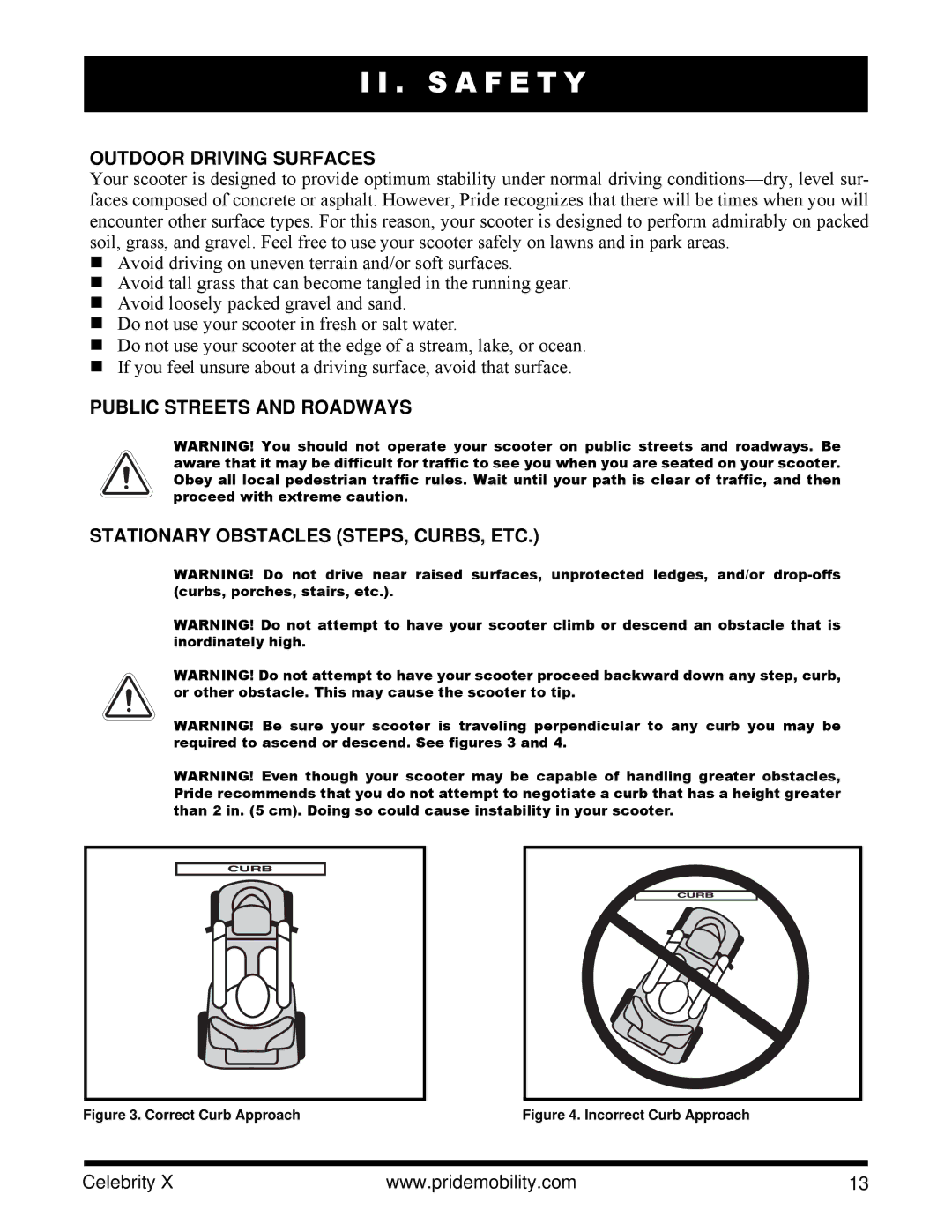 Pride Mobility SC4001, SC4401 manual Outdoor Driving Surfaces, Correct Curb Approach 