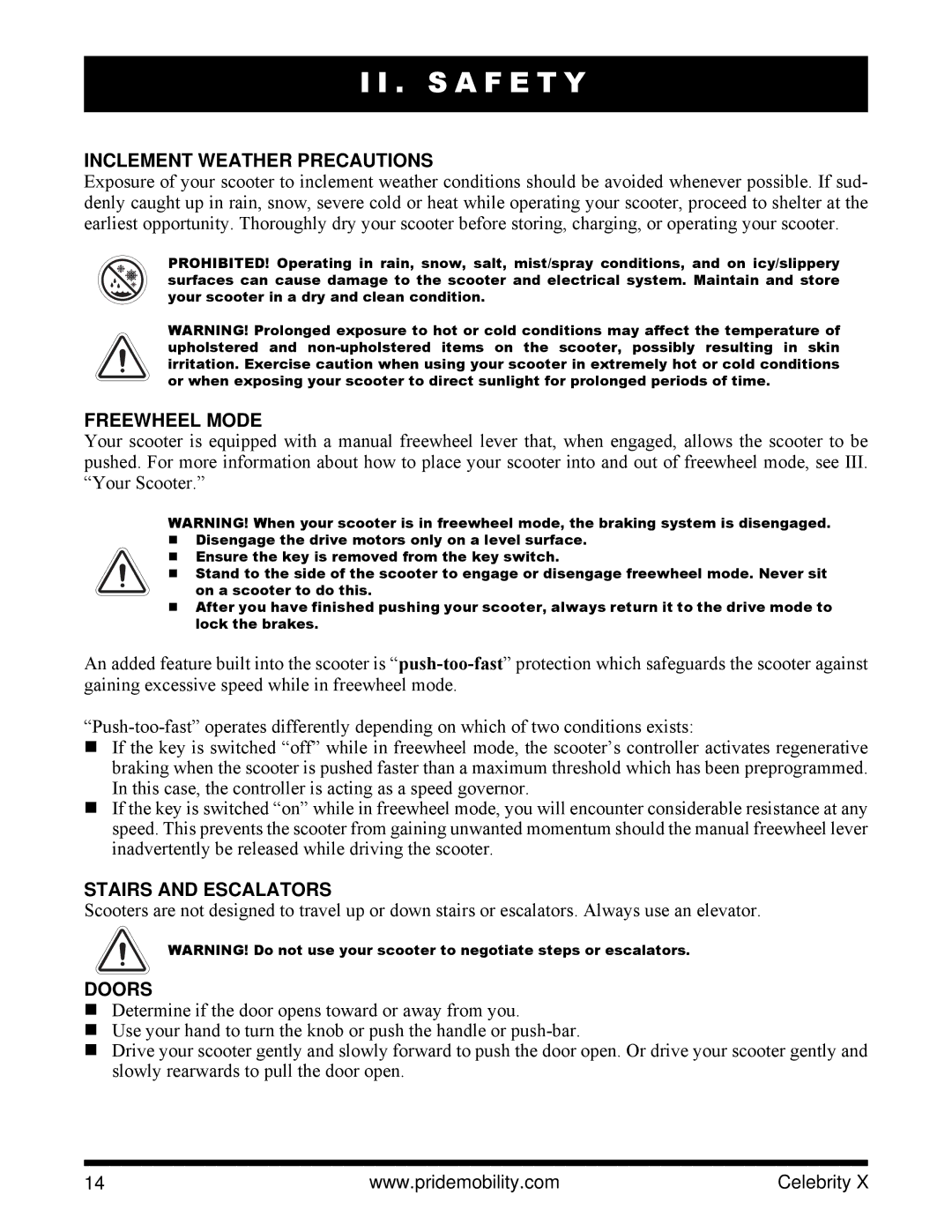 Pride Mobility SC4401, SC4001 manual Inclement Weather Precautions, Freewheel Mode, Stairs and Escalators, Doors 