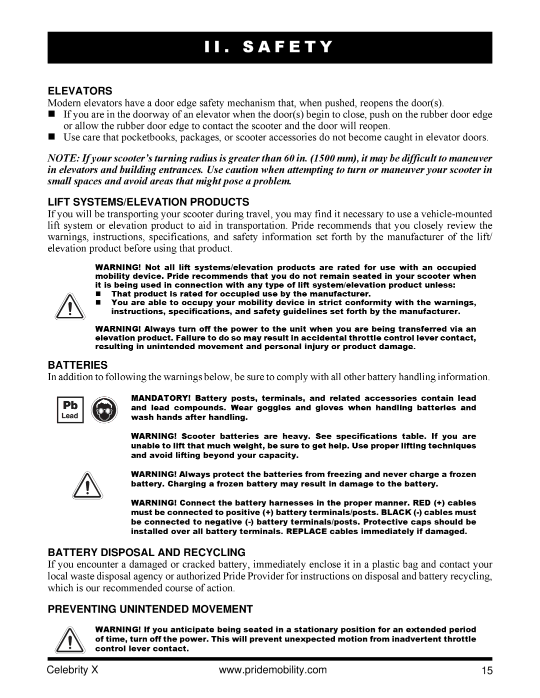 Pride Mobility SC4001, SC4401 manual Elevators, Lift SYSTEMS/ELEVATION Products, Batteries, Battery Disposal and Recycling 