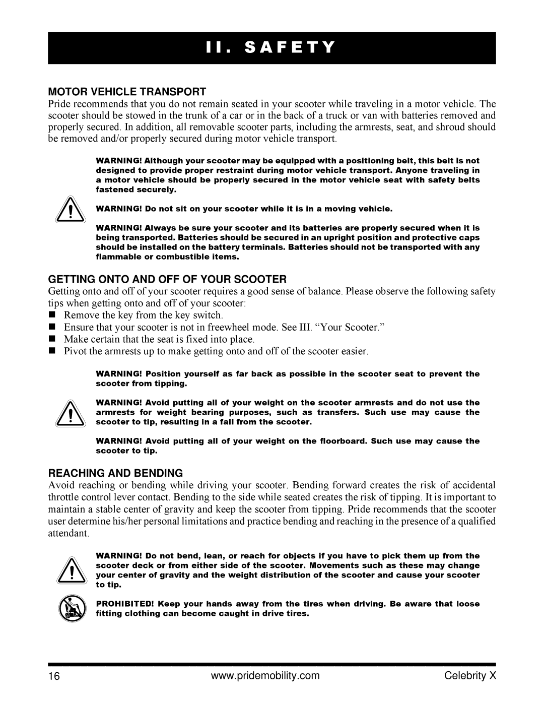 Pride Mobility SC4401, SC4001 manual Motor Vehicle Transport, Getting Onto and OFF of Your Scooter, Reaching and Bending 