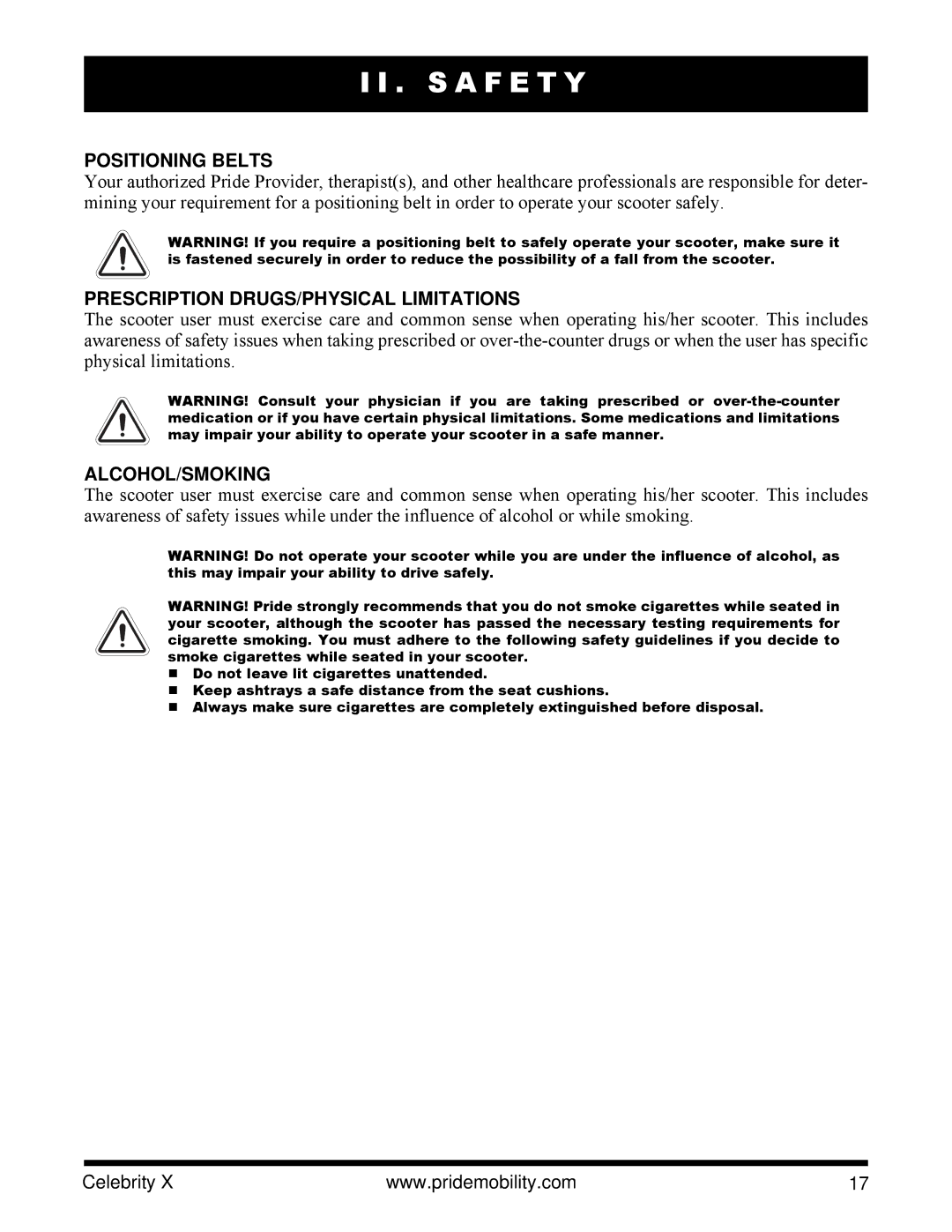 Pride Mobility SC4001, SC4401 manual Positioning Belts, Prescription DRUGS/PHYSICAL Limitations, Alcohol/Smoking 