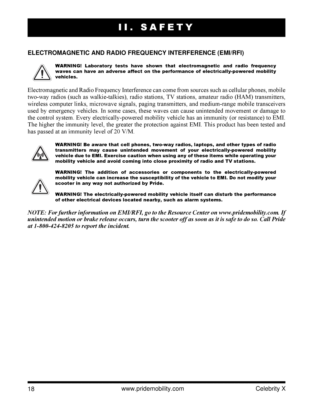 Pride Mobility SC4401, SC4001 manual Electromagnetic and Radio Frequency Interference EMI/RFI 