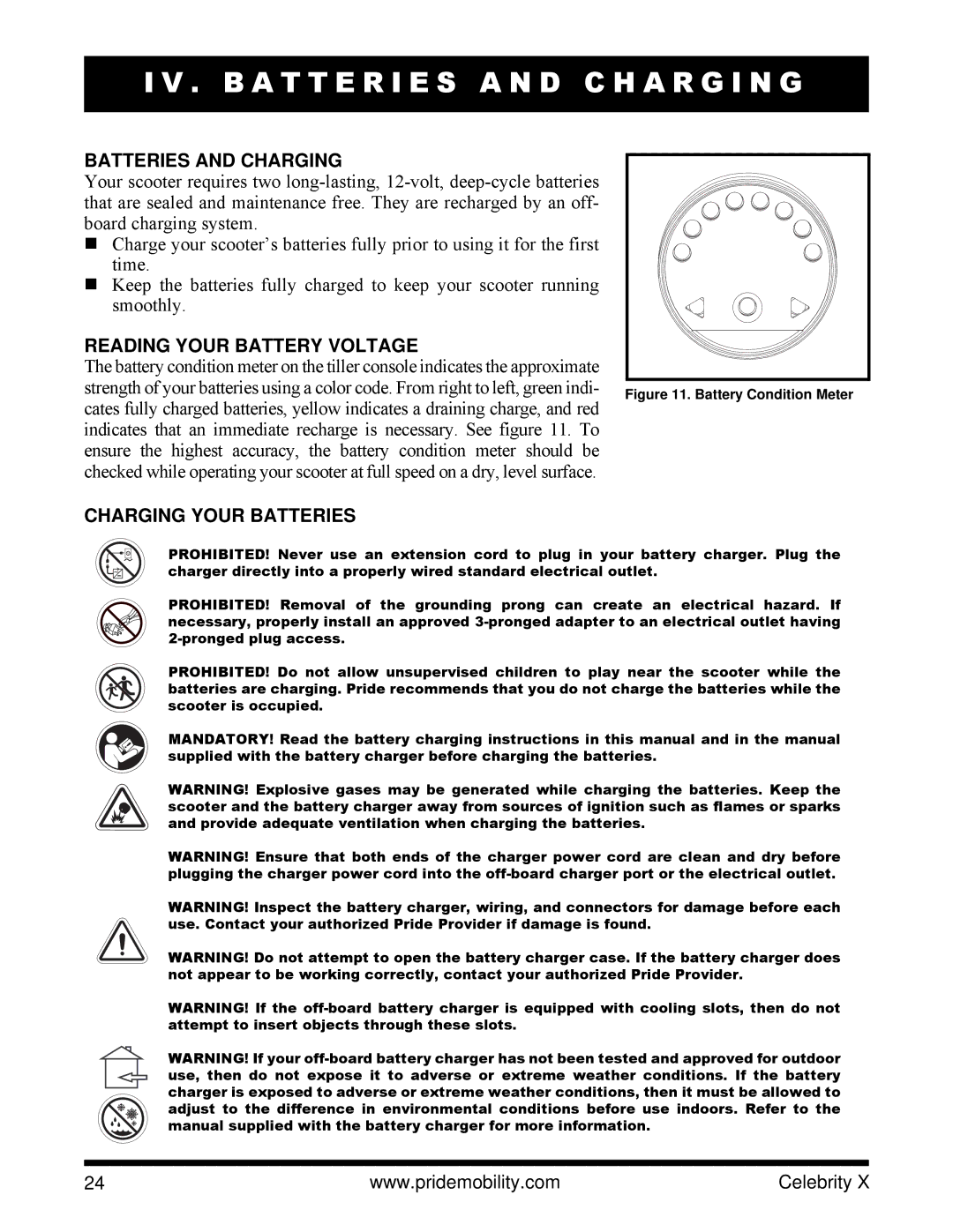 Pride Mobility SC4401 manual B a T T E R I E S a N D C H a R G I N G, Batteries and Charging, Reading Your Battery Voltage 