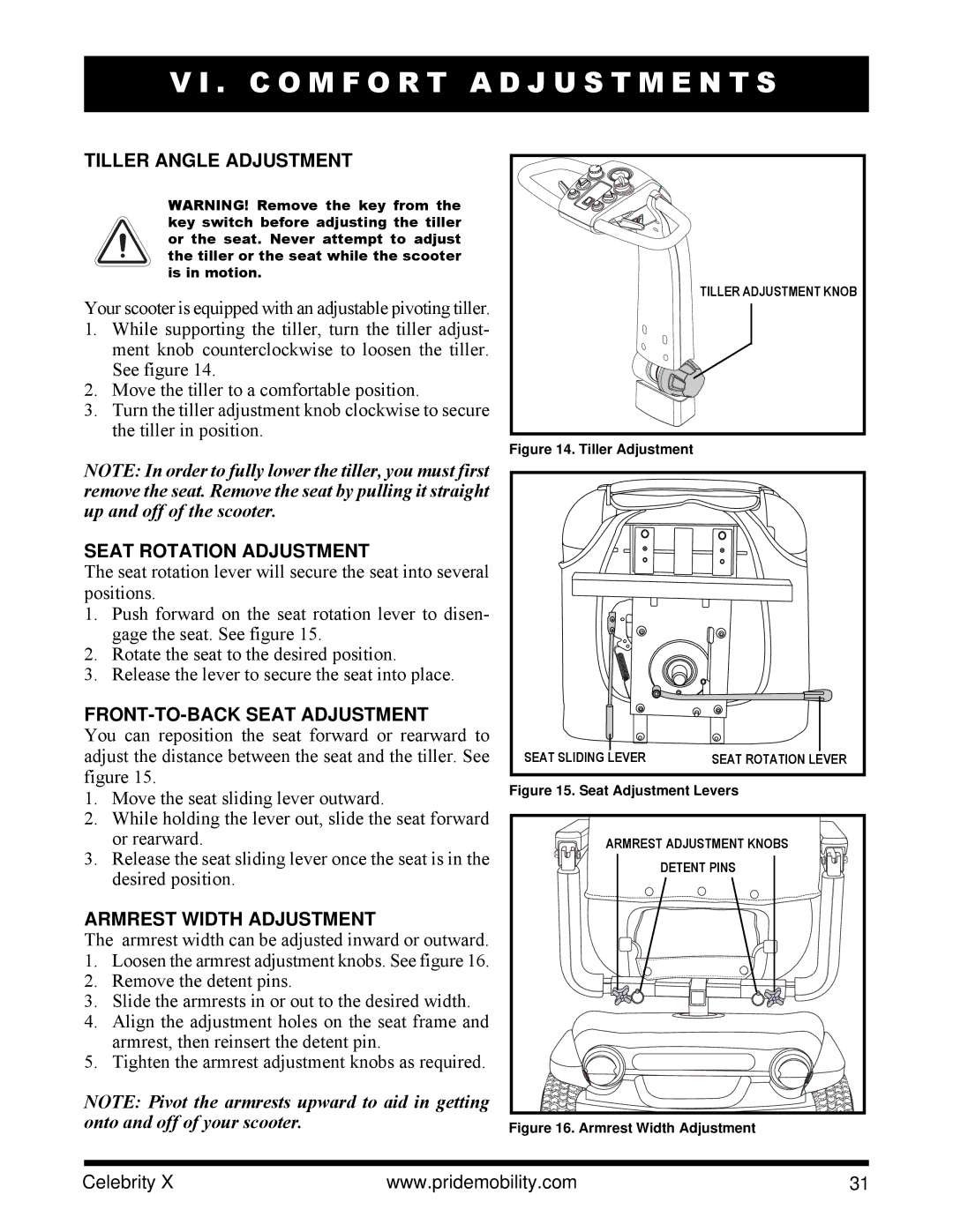 Pride Mobility SC4001, SC4401 manual C O M F O R T a D J U S T M E N T S, Tiller Angle Adjustment, Seat Rotation Adjustment 