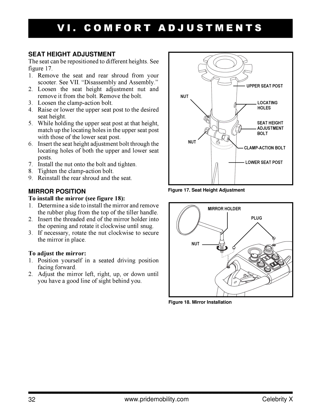 Pride Mobility SC4401 Seat Height Adjustment, Mirror Position, To install the mirror see figure, To adjust the mirror 