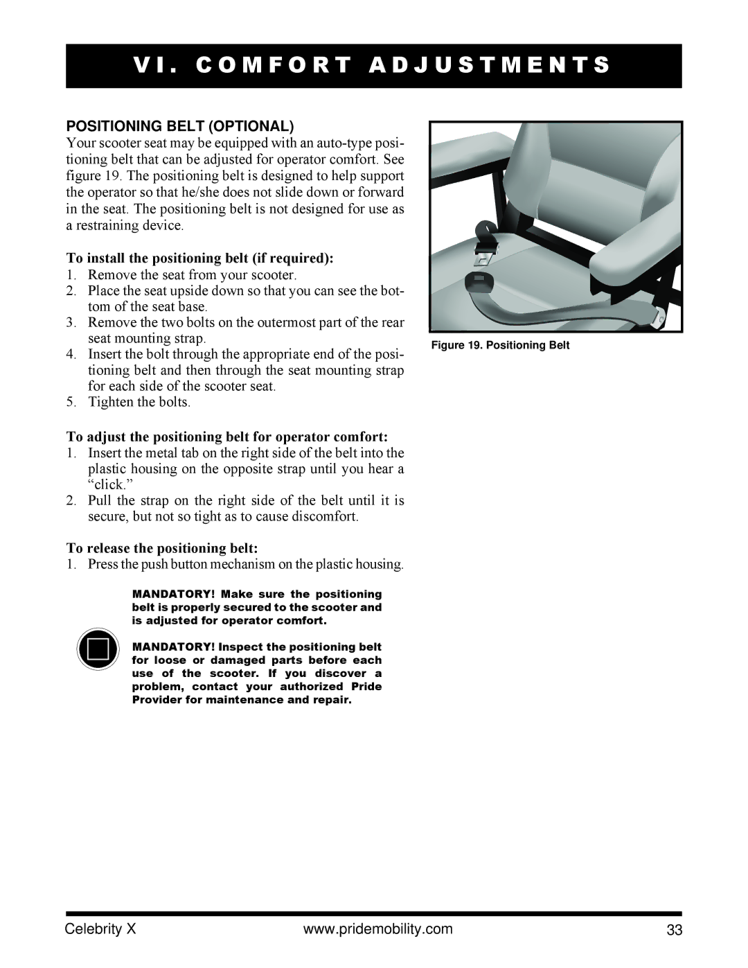 Pride Mobility SC4001, SC4401 manual Positioning Belt Optional, To install the positioning belt if required 