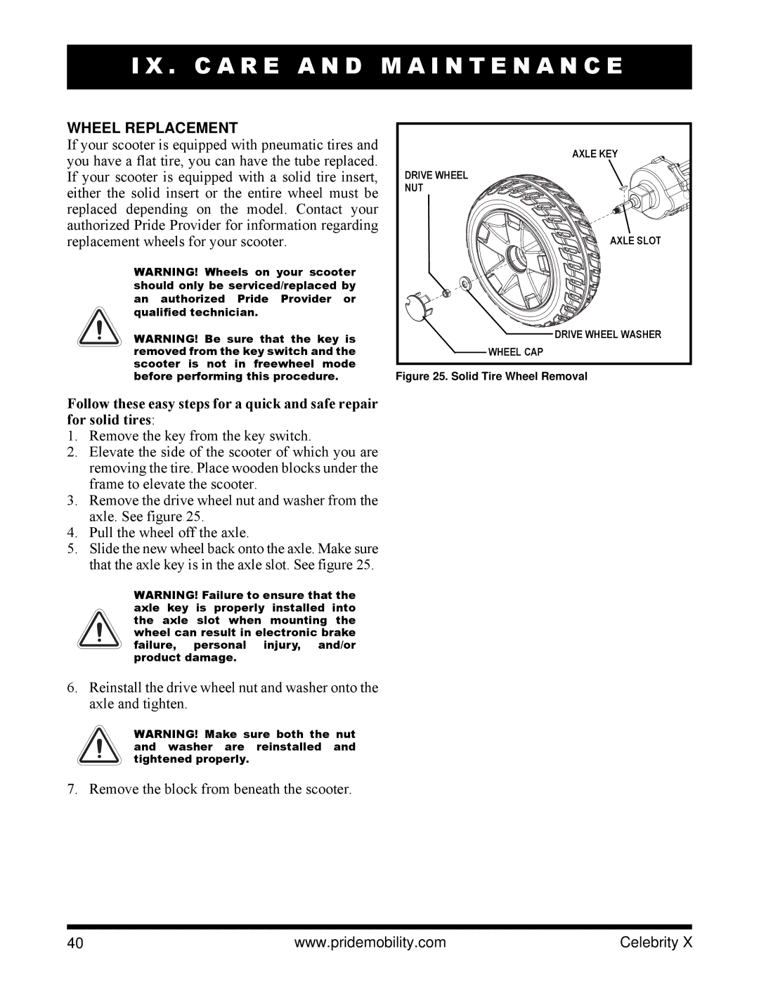 Pride Mobility SC4401, SC4001 manual Wheel Replacement, Solid Tire Wheel Removal 