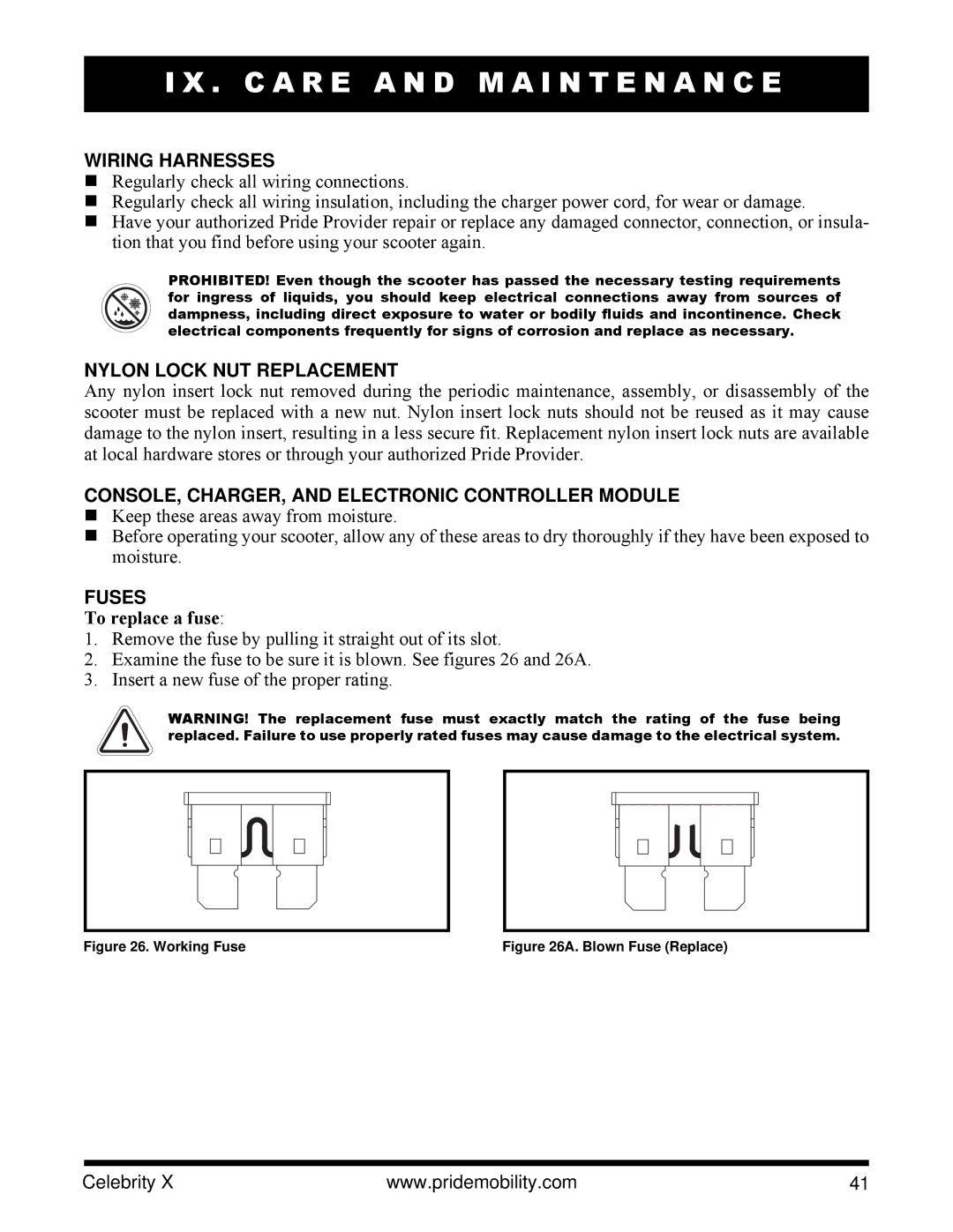 Pride Mobility SC4001, SC4401 manual Wiring Harnesses, Nylon Lock NUT Replacement, Fuses, To replace a fuse 