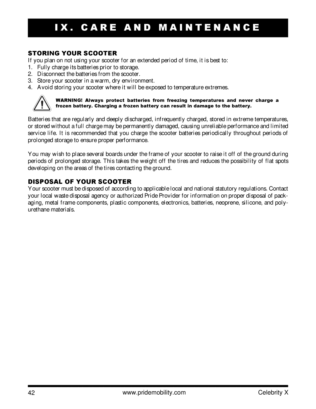 Pride Mobility SC4401, SC4001 manual Storing Your Scooter, Disposal of Your Scooter 